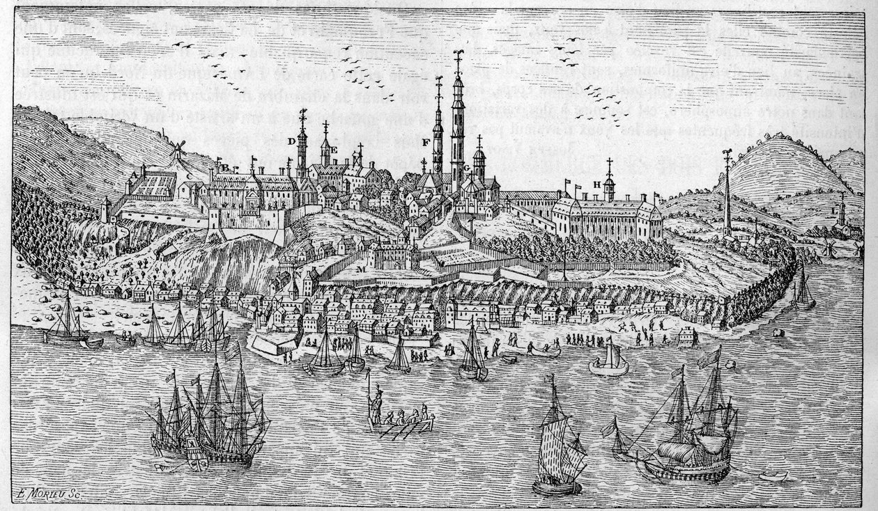 Näkymä Quebecin kaupunkiin Kanadassa (1600-luvun loppu): A. Jardin du Fort. B. Linnoitus. C. Jauhekauppa. D. Les Recollets. E. Ursulines. F. Jesuiitat. G. Katedraali. H. Seminaari. I. Hotelli Dieu. L. General Hospital. Herra L