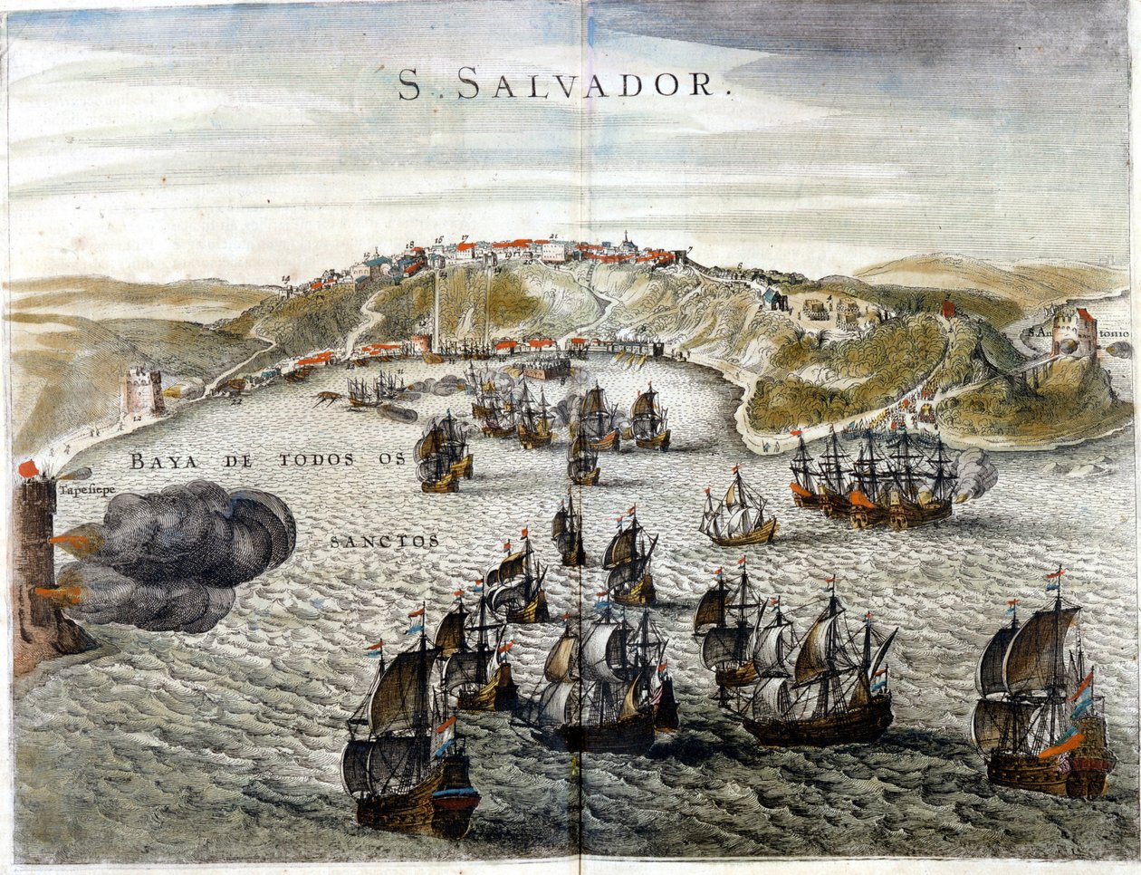 Näkymä Salvadorista, joka tunnettiin aiemmin nimellä Bahia, Brasilian pääkaupunki vuonna 1549, kun se perustettiin - Kaiverrus 1500-luvulta tekijältä Unknown artist