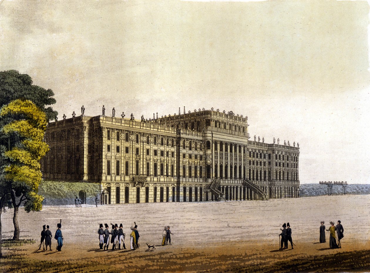 Näkymä Schonbrunnin linnalle, Itävallan keisarillisen perheen entiselle asuinpaikalle, Wien, Itävalta, kaiverrus noin 1830 tekijältä Unknown artist