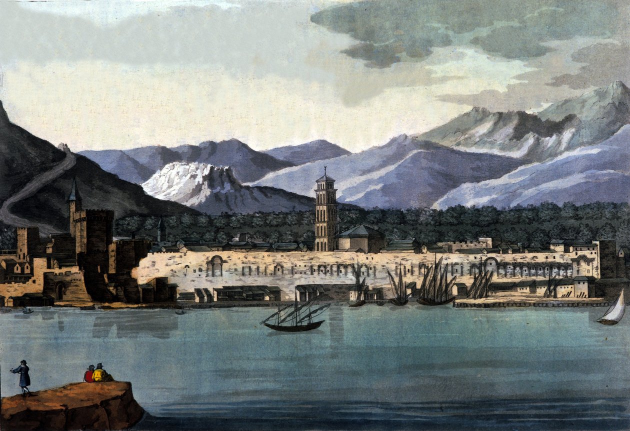 Näkymä Splitiin (Spalato), Kroatia, mereltä. Akvarelli 1800-luvun alusta tekijältä Unknown artist