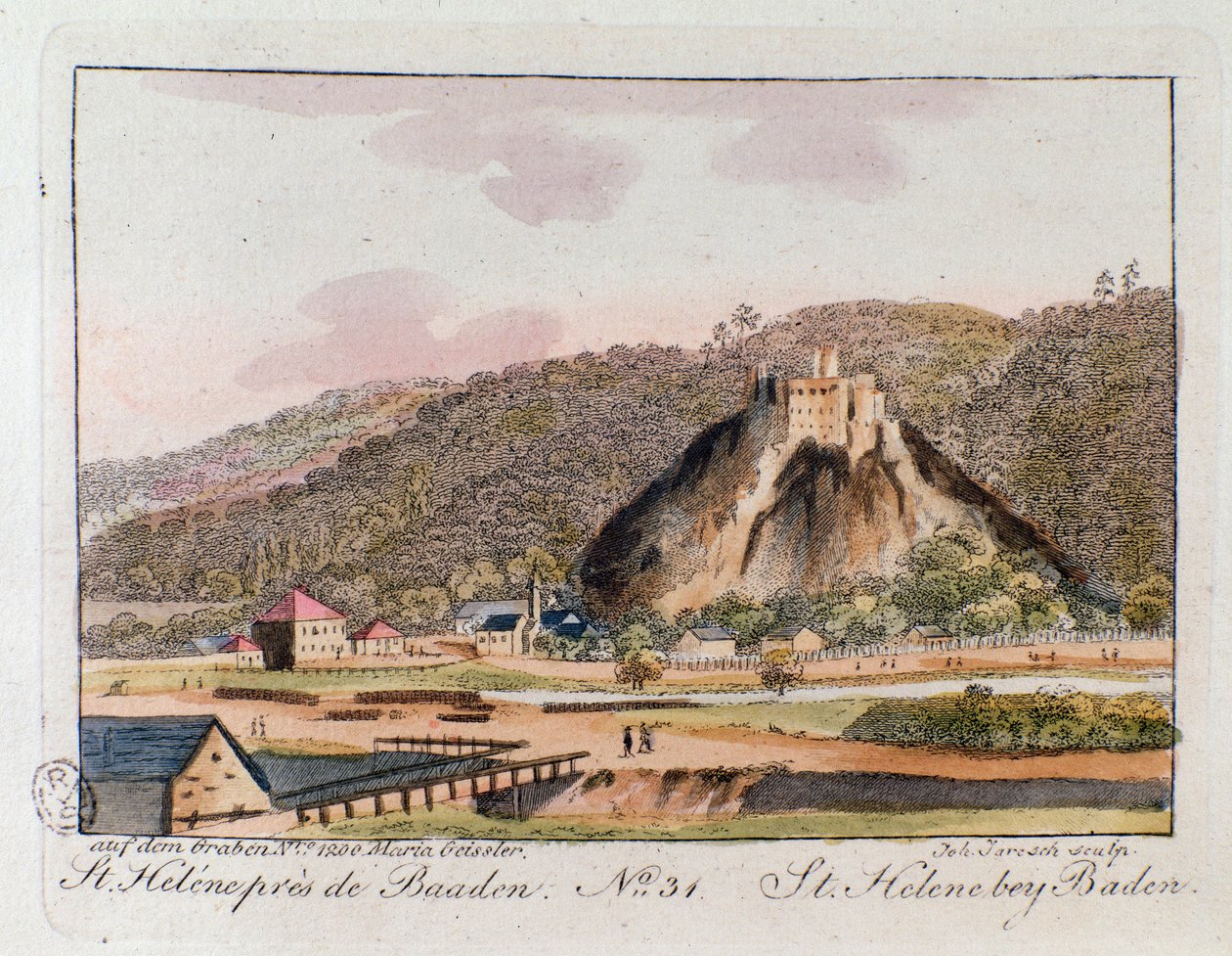 Näkymä St. Helene (St. Helene) Badenissa, Itävallassa. Kaiverrus vuodelta 1815 Yksityinen kokoelma tekijältä Unknown artist