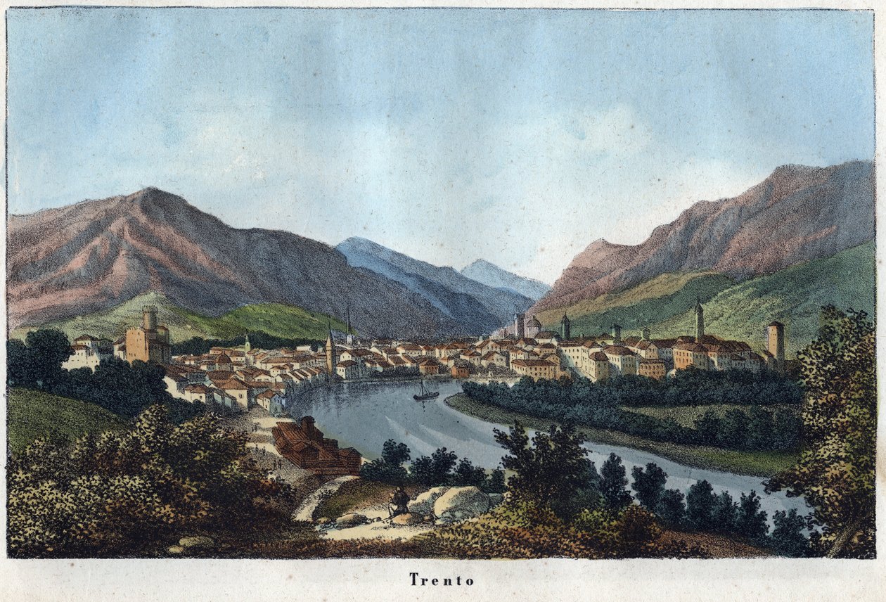 Näkymä Trentoon (Etelä-Tiroli, Italia) (Trento) - 1800-luku - kaiverrus kirjasta "Universumin kaikkien kansojen käyttö ja tavat". Se on kaikkien kansojen hallituksen, lakien, miliisin, uskonnon historiaa kaukaisimmista ajoista päiviin tekijältä Unknown artist