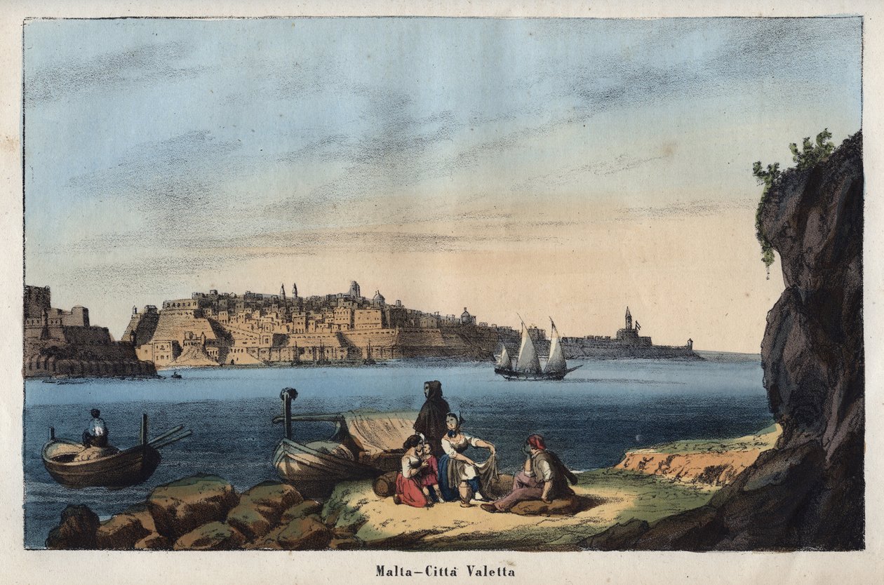 Näkymä Vallettaan (Malta) 1800-luvulla - kaiverrus kirjasta "Kaikkeuden kaikkien kansojen tapoja ja perinteitä". Eli kaikkien kansojen hallituksen, lakien, miliisin, uskonnon historia kaukaisimmista ajoista nykypäivään "1856 tekijältä Unknown artist