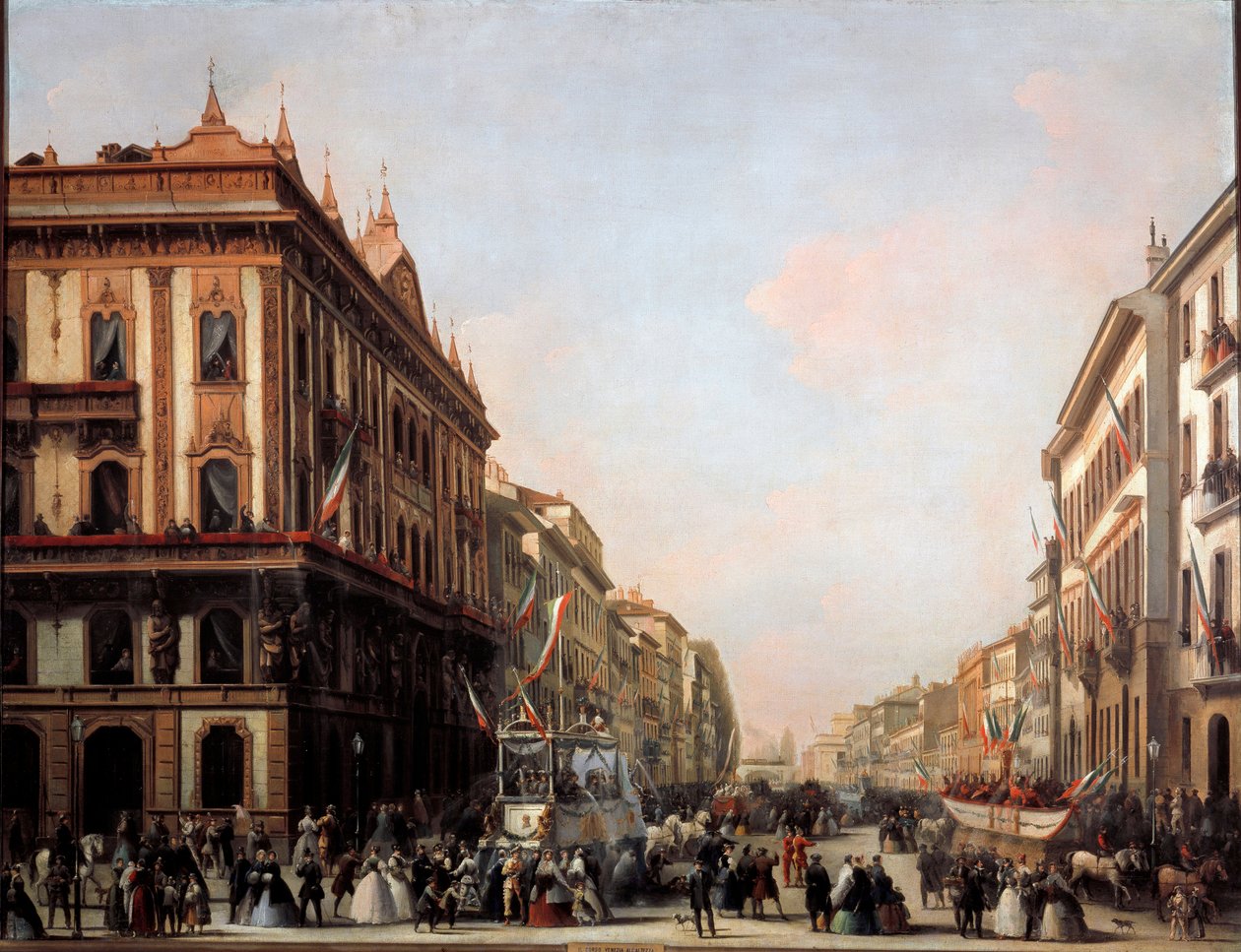 Näkymä Venezia-kadulle, jossa on karnevaalikelluke, Milano (maalaus tekijältä Unknown artist