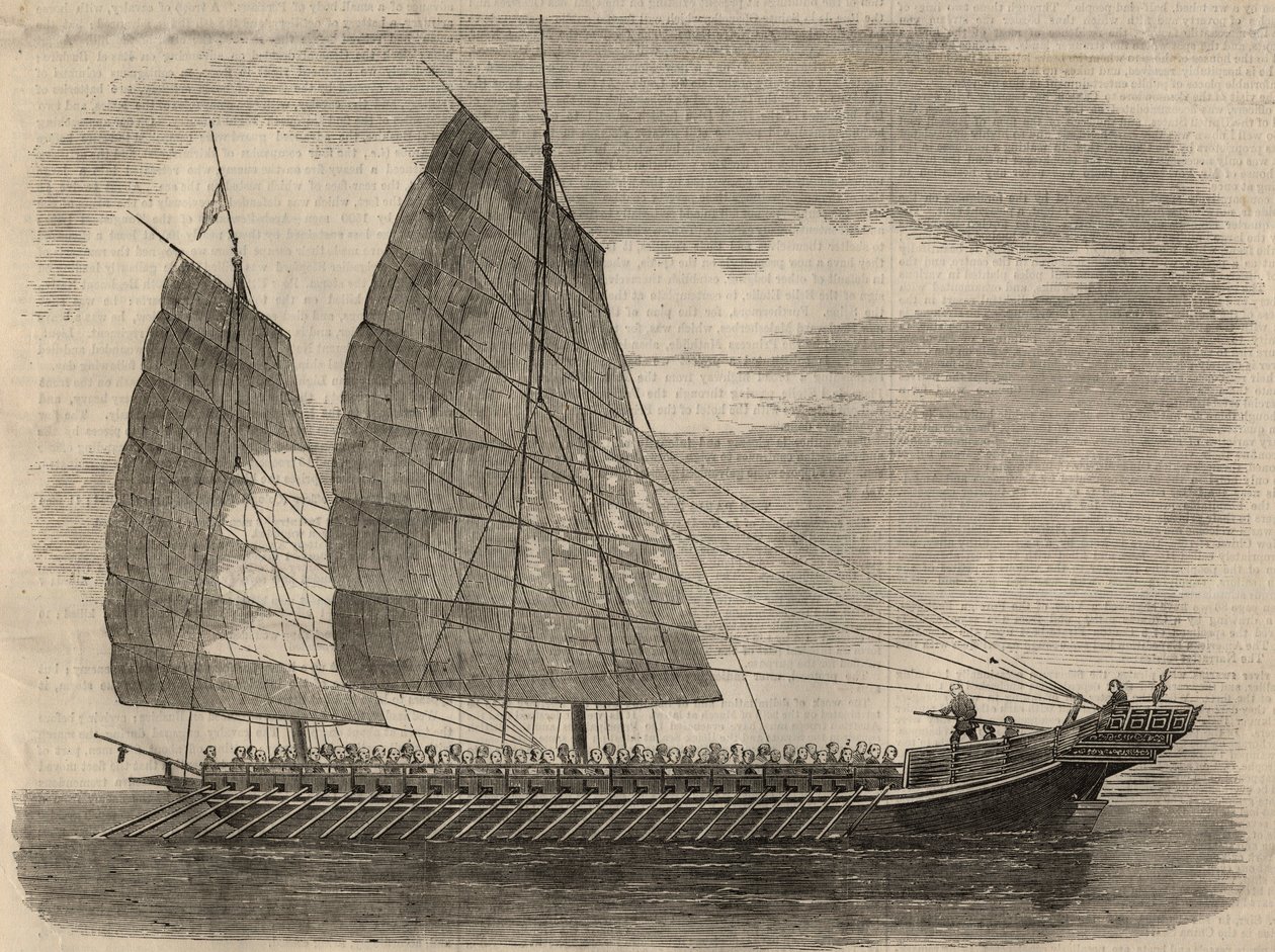 Näkymä kiinalaisesta merirosvolaivasta kantonissa. Kaiverrus "" The Illustrated London News" -julkaisuun 31. tammikuuta tekijältä Unknown artist