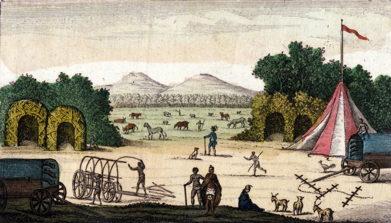 Näkymä hollantilaisleiristä (Pioneerit Boersilta tai Voortrekkersiltä, ​​Afrikanersilta) Pampoen Kraalissa (Pampoen-Kraal), Cape Province, Etelä-Afrikka. 1860 tekijältä Unknown artist