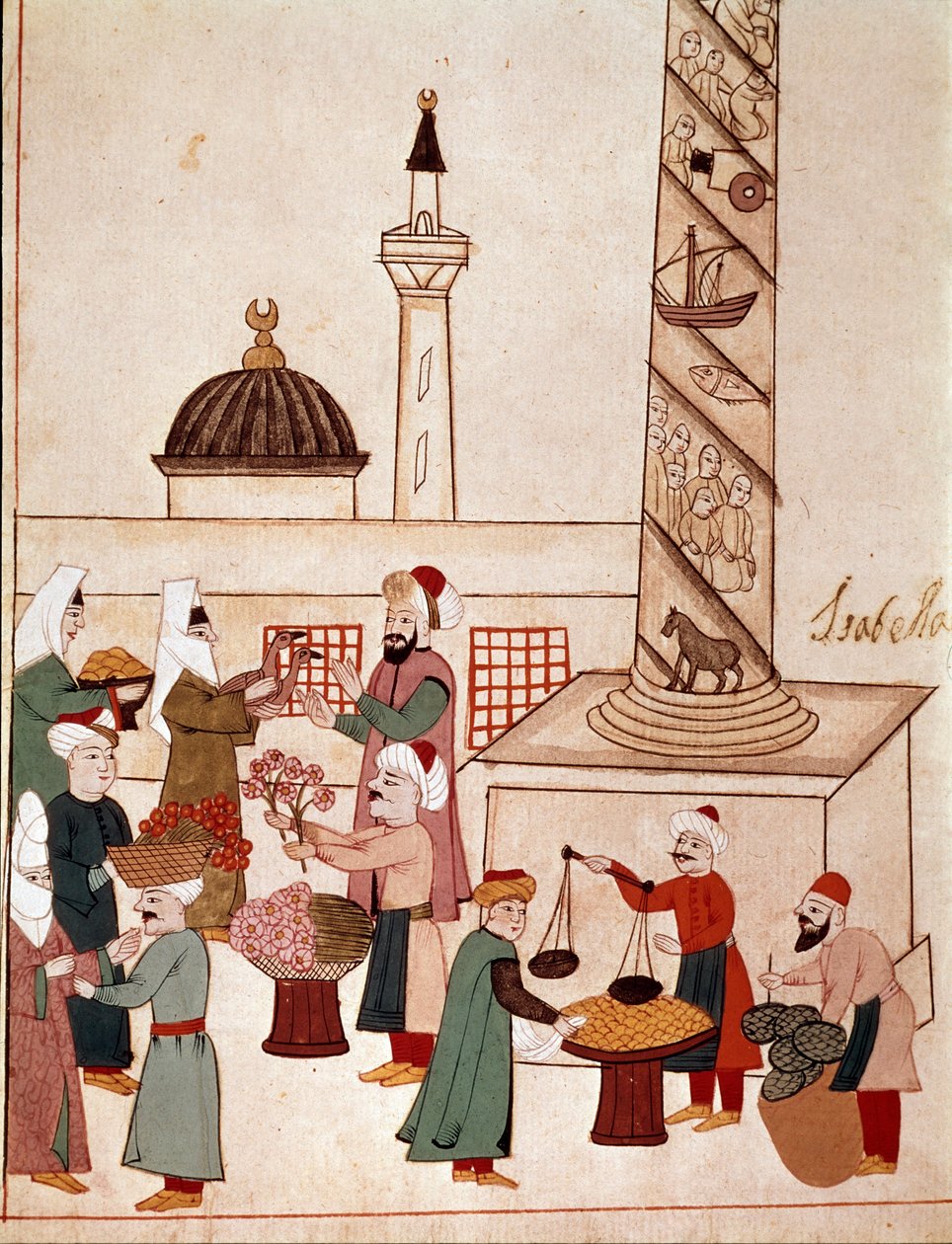 Näkymä basaarille Konstantinopolissa. Pienoiskuva 1800-luvun Cicogna-käsikirjoituksesta (1828) 1600-luvun alkuperäisen (1671) jälkeen. Venetsia, Biblioteca Marciana tekijältä Unknown artist