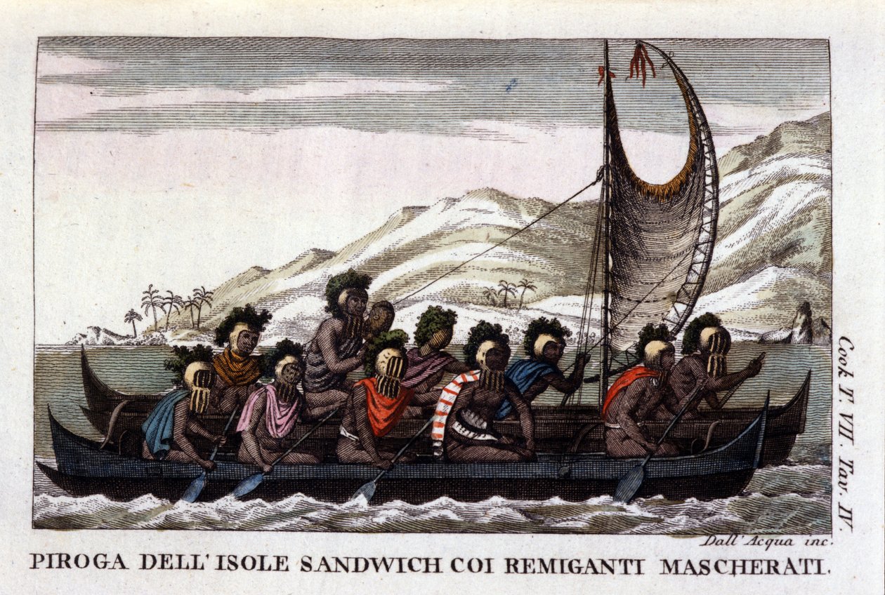 Näkymä kanootille purjeineen Havaijin saarilta Polynesiassa, miehistö käyttää tyypillisiä naamioita. Litografia 1800-luvun alusta tekijältä Unknown artist