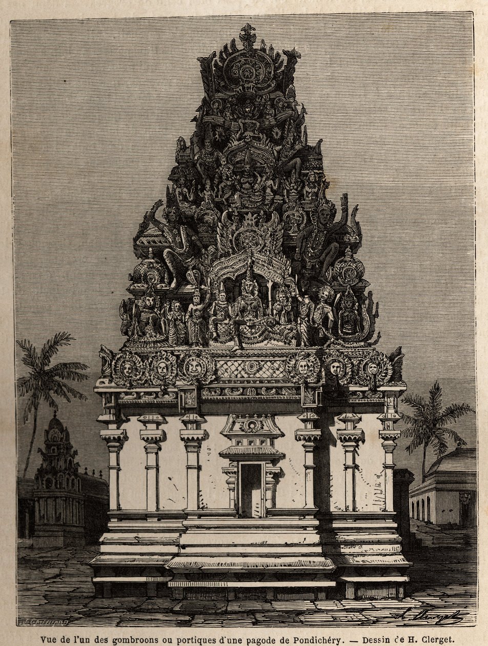 Näkymä yhdestä pondicheryn pagodin (Pondicherry) gombroooneista tai portikoista (Intia). Kaiverrus havainnollistamaan retkikuntaa Chillambaranin (Coromandel cote) pagodille vuosina 1838–1844, vasta-amiraali Parisin, depot des cartes -varaston johtajan. tekijältä Unknown artist