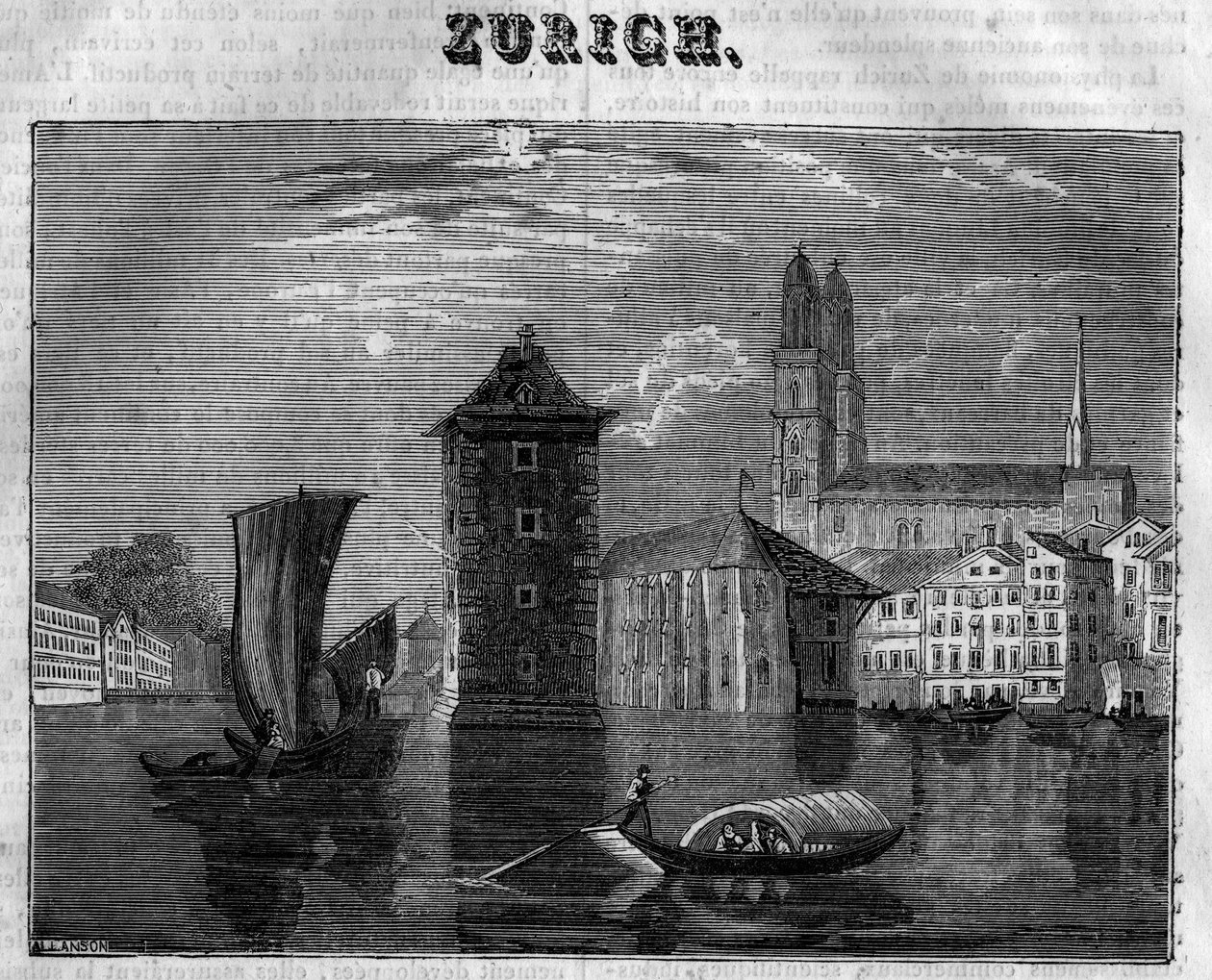 Näkymä Zürichin kaupungista (Zurigo) Sveitsissä 1800-luvulla. tekijältä Unknown artist
