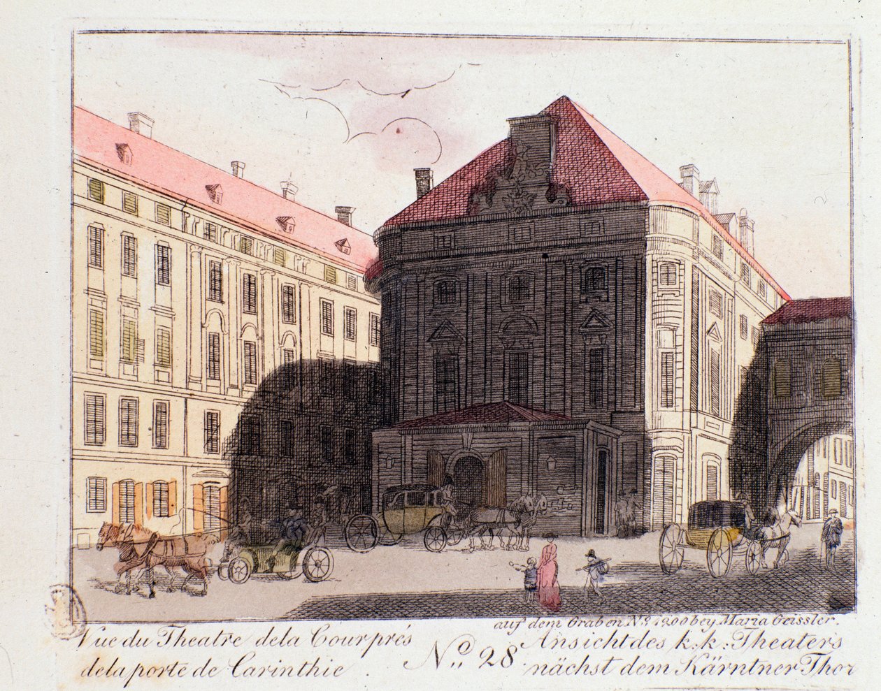 Näkymä Court Theater -teatterista lähellä Kärntenin porttia (Karntnertortheater tai Theater am Karntnertor) Wienissä, jossa Beethovenin 9. sinfonia esiteltiin ensimmäisen kerran 7.5.1824. Itävalta. Kaiverrus 1815 Yksityiskokoelmasta tekijältä Unknown artist