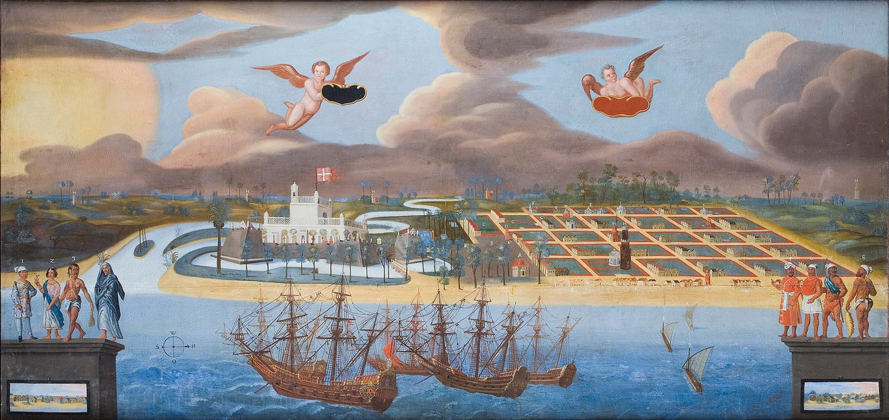 Näkymä Tanskan Tranquebarin siirtokuntaan Intiassa, noin 1658 (öljy kankaalle). tekijältä Unknown artist