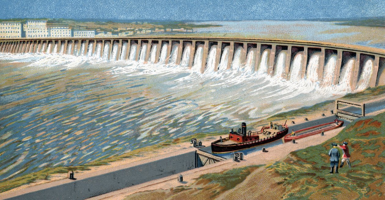 Näkymä Dneprin vesivoimalaitoksesta tai Dneprostroin padosta, jonka Iosef Stalin rakennutti Neuvostoliiton teollistumisen edistämiseksi vuonna 1932 Kromolitografia tekijältä Unknown Artist
