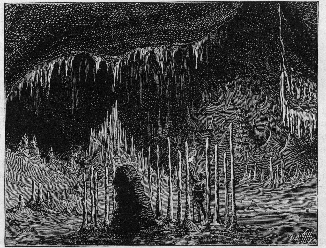 Näkymä "kirkon salille" Dargilanin (Lozere) luolassa. Kaiverrus "" La Nature -kirjaan. Revue des sciences et de ses applications aux arts et a l