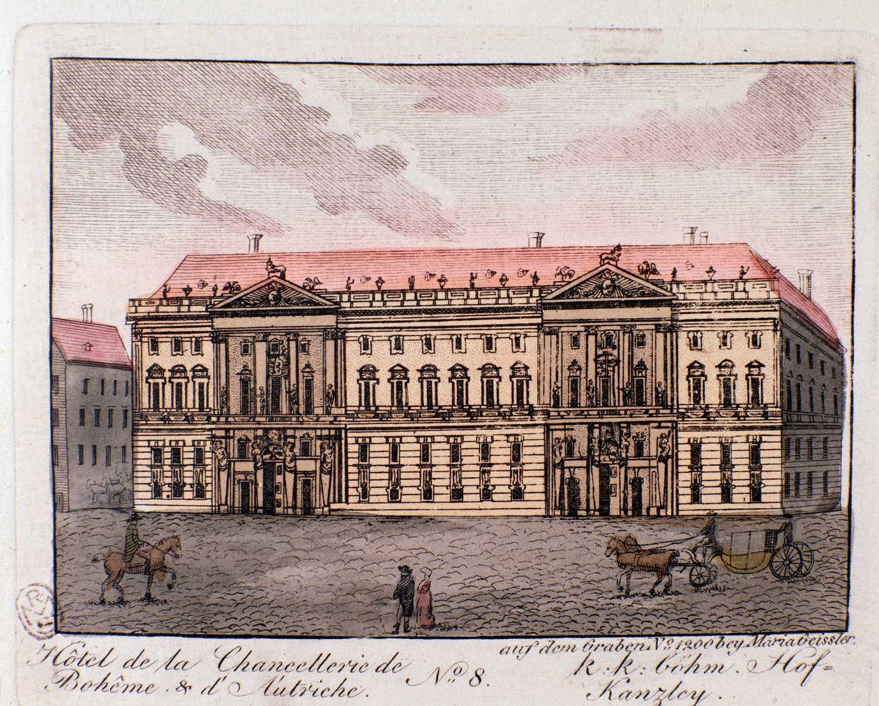 Näkymä Bohemen ja Itävallan liittokanslerin hotellista Wienissä, Itävallassa. Kaiverrus 1815 Yksityiskokoelmasta tekijältä Unknown artist