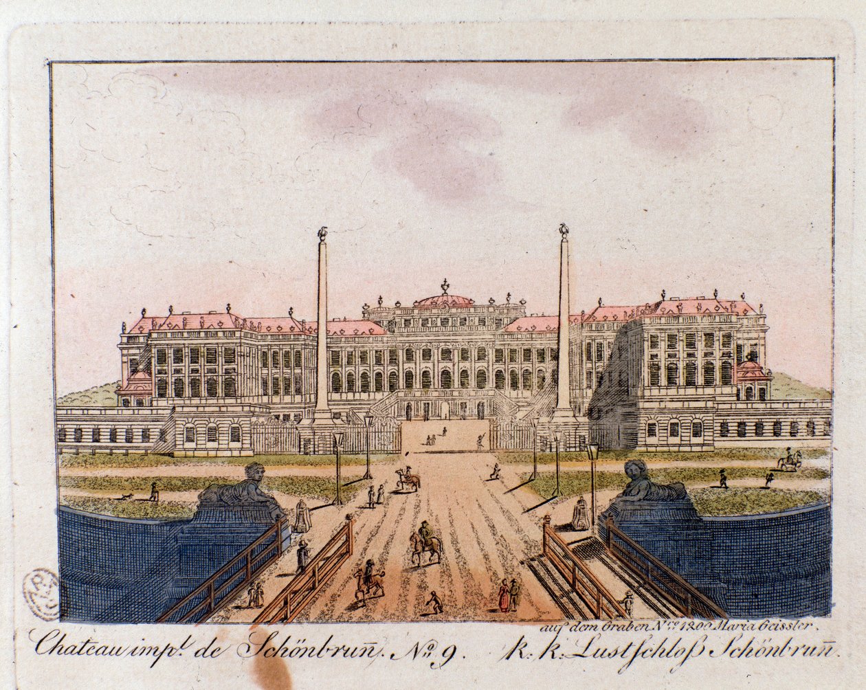 Näkymä Schonbrunnin keisarilliseen linnaan (Schonbrun) (1500-1600-luku) lähellä Wieniä, Itävalta Kaiverrus 1815 Yksityinen kokoelma tekijältä Unknown artist
