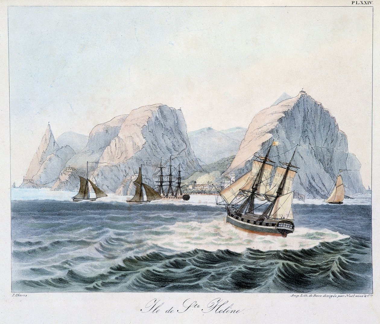 Näkymä Pyhän Helenan saarelle "" Päiväntasausalueiden maisemia ja maisemia, kerätty matkalla maailman ympäri", sd. 1800-luvun alku tekijältä Unknown artist