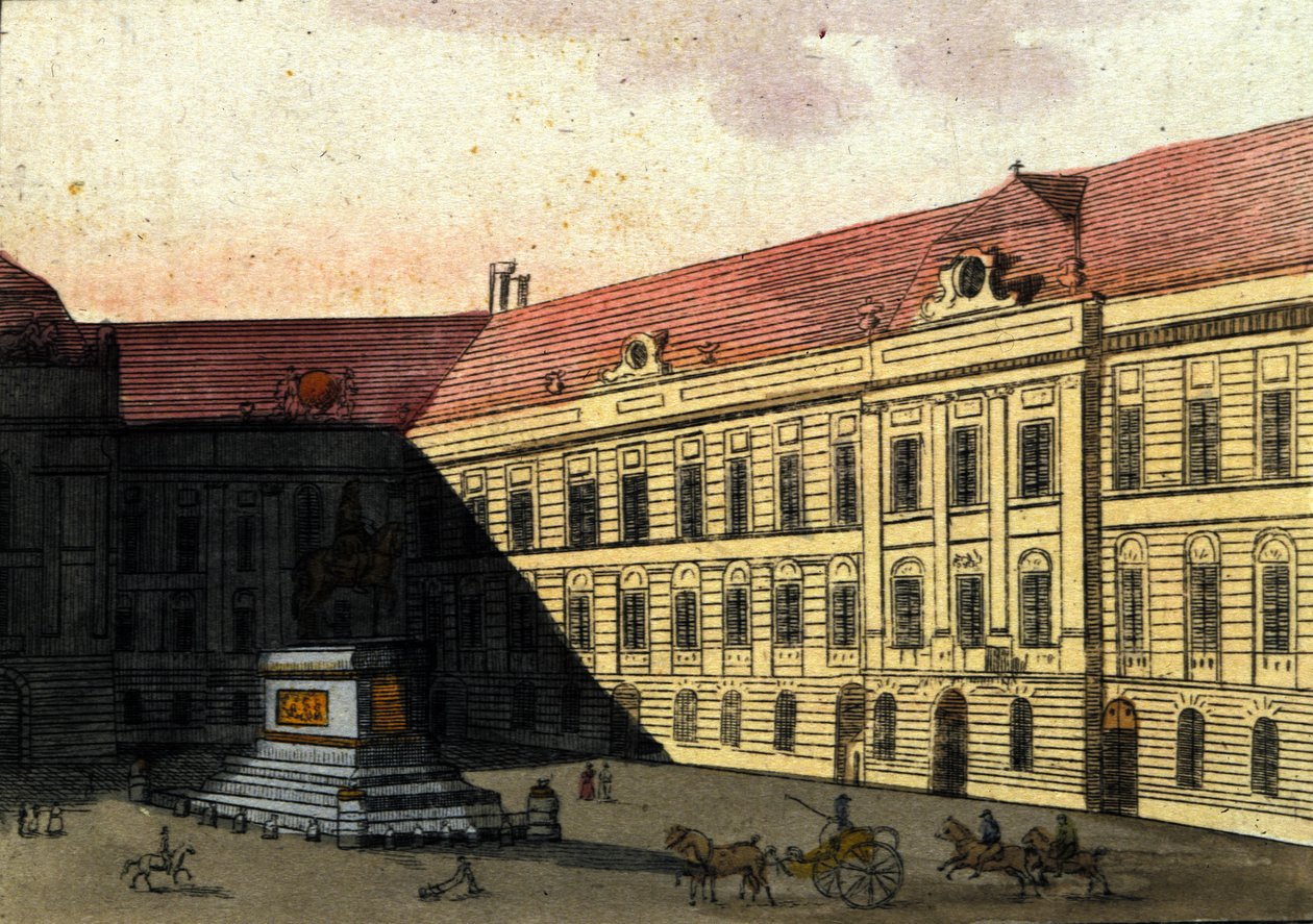 Näkymä Josephplatz-aukiolle (Joseph platz) Wienissä, Itävallassa Kaiverrus vuodelta 1820 tekijältä Unknown artist