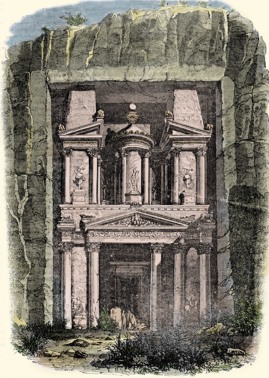 Näkymä Khaznehille (Tresor) Petrassa Jordaniassa, entisessä Nabatean valtakunnan pääkaupungissa. Kaiverrus 1800-luvulta tekijältä Unknown artist