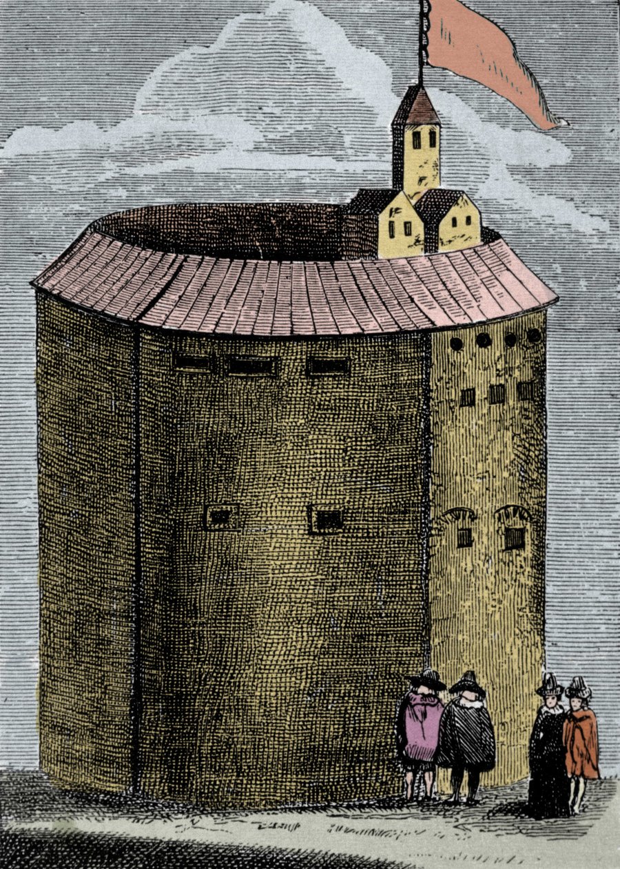 Näkymä London Globe -teatterista William Shakespearen (1564-1612) aikaan. Kaiverrus 1800-luvulta. tekijältä Unknown artist