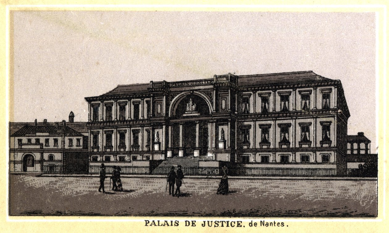 Näkymä Nantesin oikeuspalatsille (Loire-Atlantique, Pays de la Loire), Ranska. 1800-luvun lopun kromolitografia. tekijältä Unknown artist