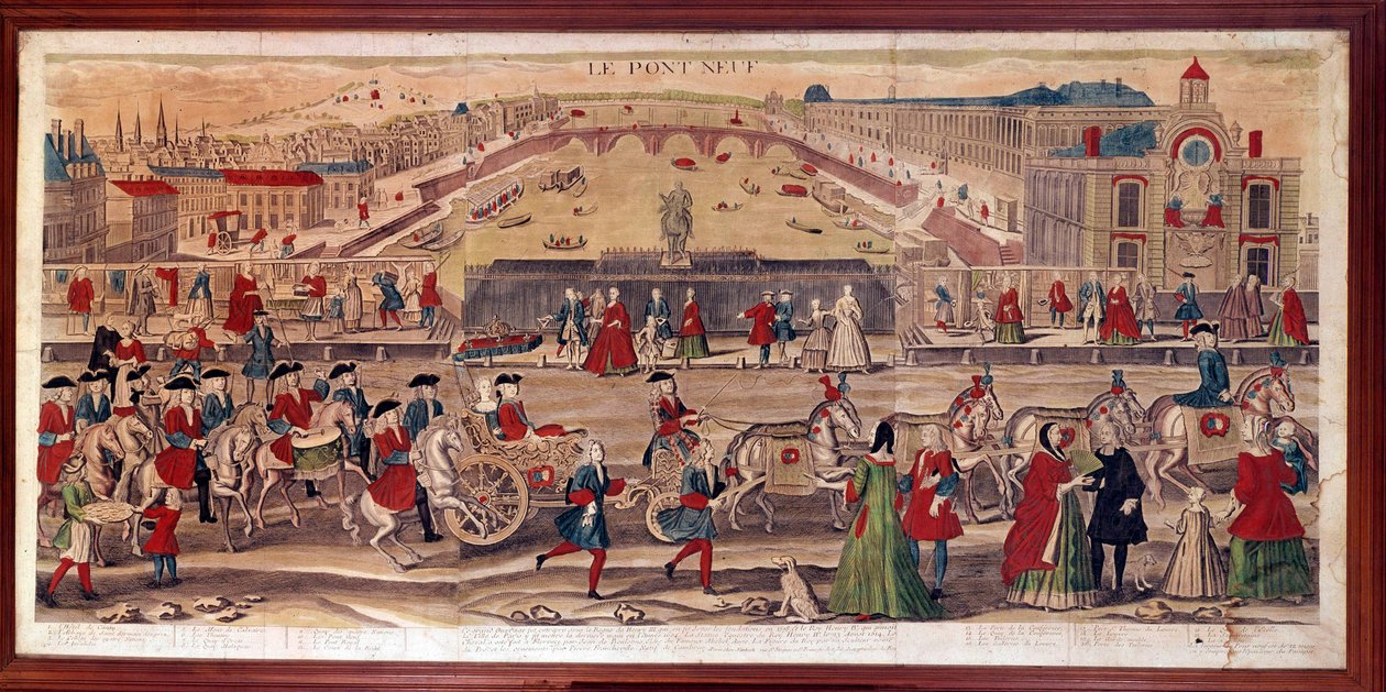 Näkymä Pont-Neufille Pariisissa Voit myös nähdä Hotel de Contyn, Saint Germain des Presin luostarirakennuksen, College of Four Nationsin, Invalidit, Mont du Calvairen, Quai d