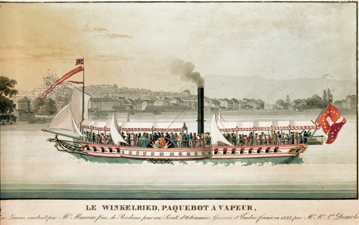 Näkymä Winkelriedille, höyrylaiva Leman-järvellä, Sveitsi (1800-luvun printti) tekijältä Unknown artist