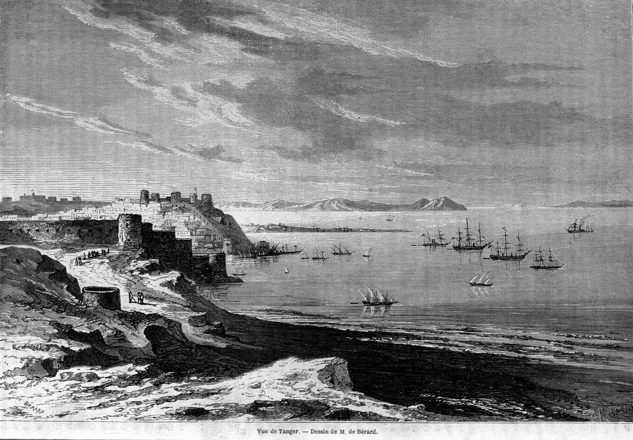 Näkymä Tangerin linnoitetun kaupungin lahdelle ja Marokon rannikolle. Kaiverrus vuodelta 1860. tekijältä Unknown artist