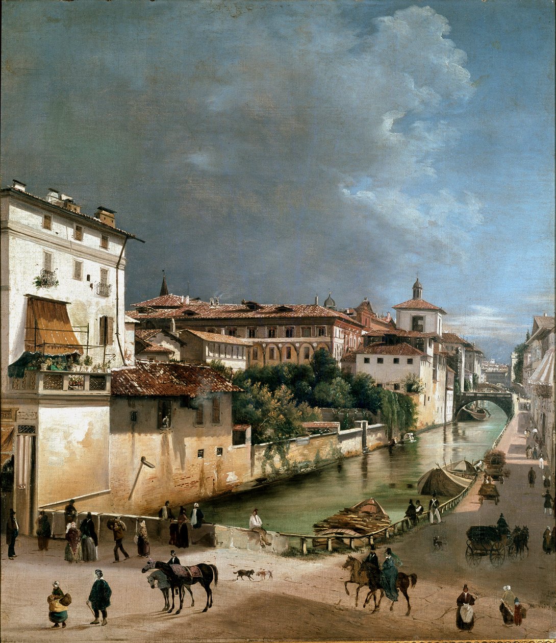 Näkymä kanavalle porta romanan sillan ja sairaalasillan välillä Milanossa (öljy puulle tekijältä Unknown artist