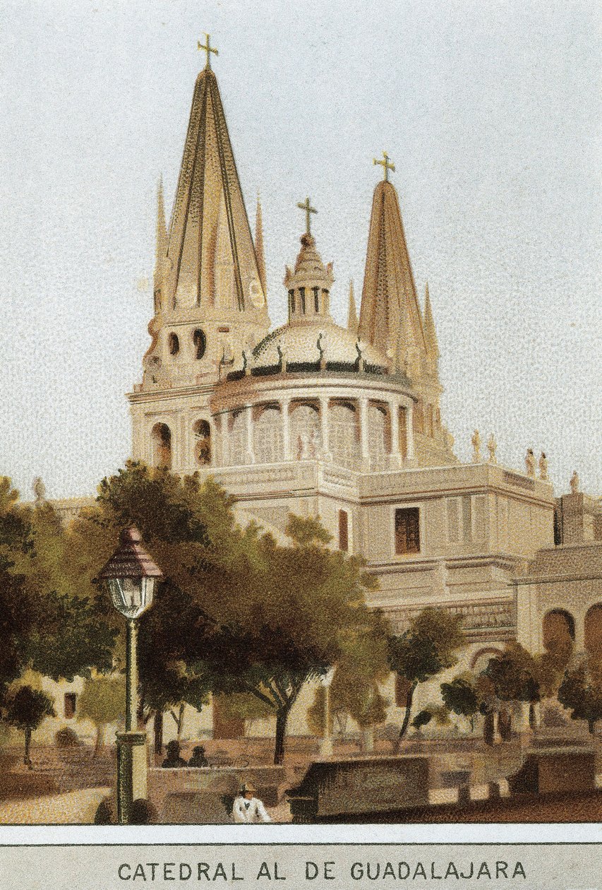 Näkymä Guadalajaran katedraalista Mexico Cityssä, Meksikossa. 1800-luvun kromolitografia tekijältä Unknown artist
