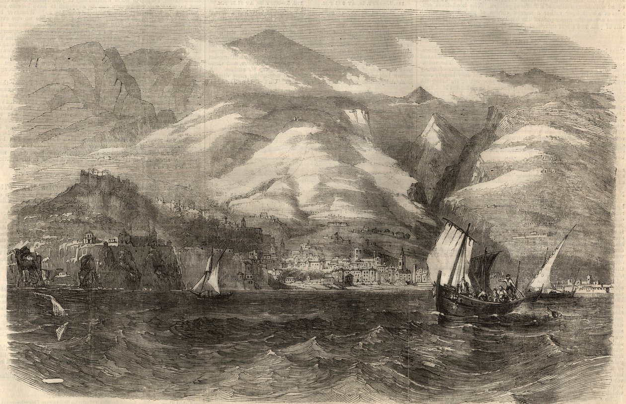 Näkymä Funchalin kaupunkiin Maderen saarella (Madeira) Portugalissa. Kaiverrus "" The Illustrated London News" -julkaisuun 29. helmikuuta tekijältä Unknown artist