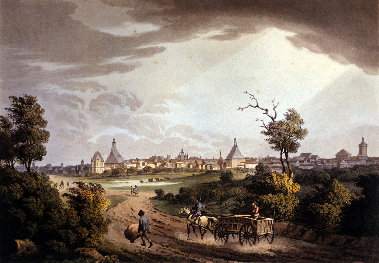 Näkymä Leipzigin kaupunkiin Saksassa. Litografia noin vuodelta 1820. tekijältä Unknown artist