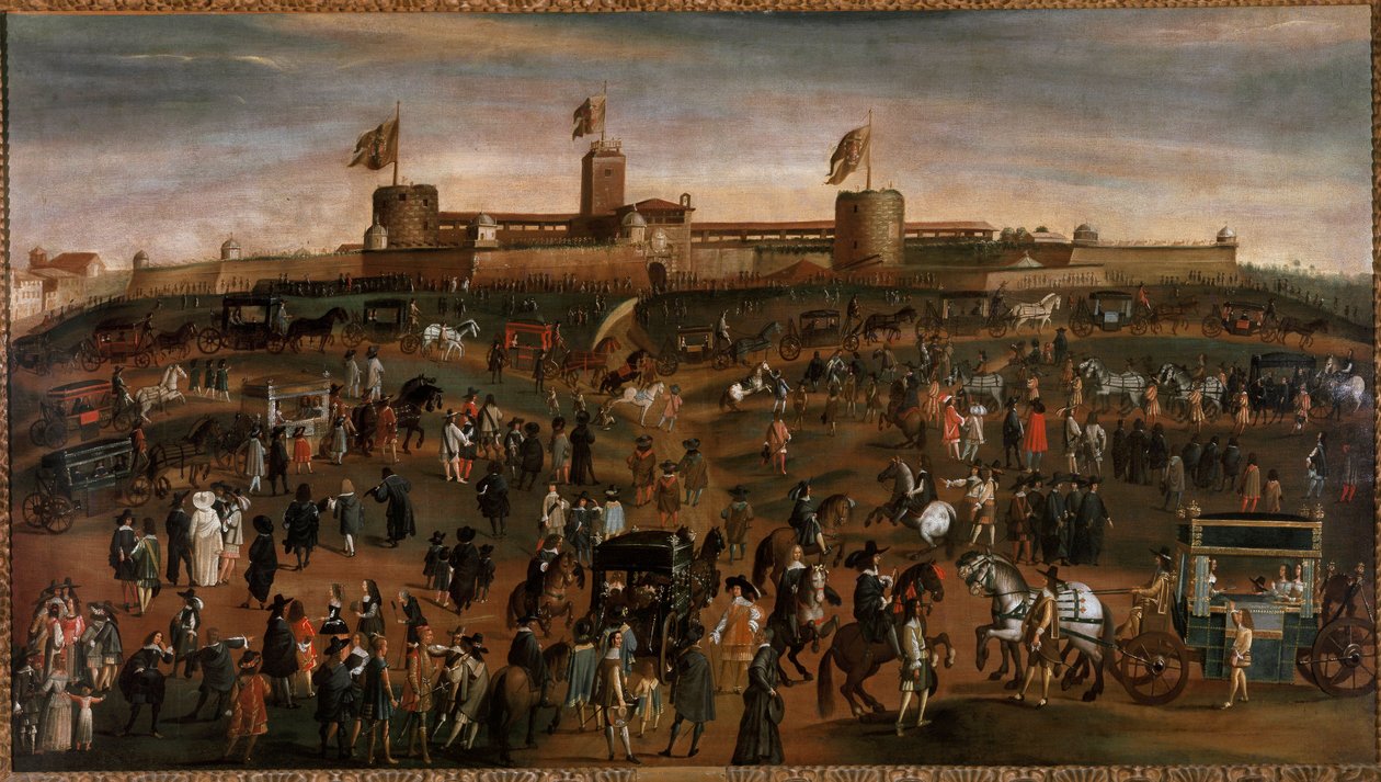 Näkymä Milanon kaupungista, Sforzan linnasta (castello Sforzesco) ja vaunujen liikenteestä Anonyymi maalaus noin 1660-1670 Milano, museo di Milano tekijältä Unknown artist