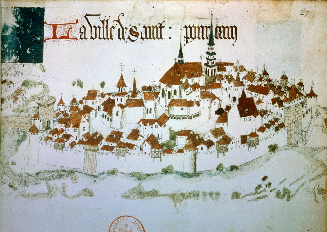 Näkymä Saint Pourcain sur Sioulen kaupunkiin Allierissa Auvergnessa. Miniatyyri 1400-luvun käsikirjoituksesta. B.N. Pariisi tekijältä Unknown artist