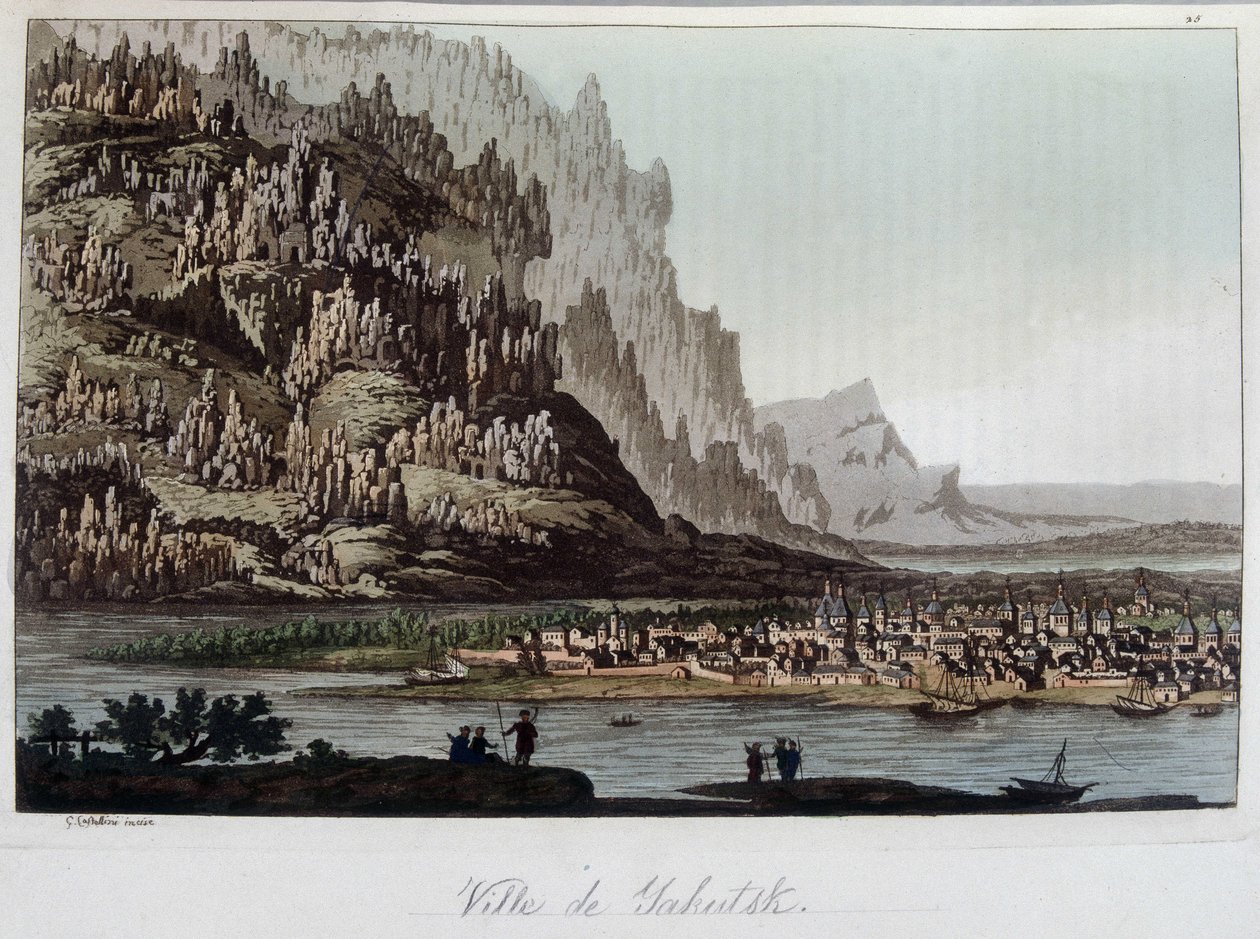Näkymä Jakutskin kaupunkiin Venäjällä. "" Vanha ja moderni puku" 1819-1820, Ferrario. tekijältä Unknown artist