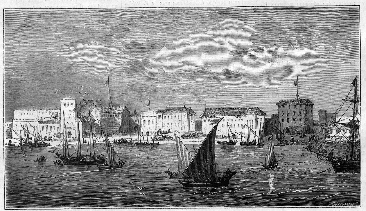 Näkymä Sansibarin kaupungista Afrikassa. Vasemmalla Ranskan konsulaatti. Oikealla sulttaanin palatsi ja arsenaali. Kaiverrus kirjaan "The Universe Illustrious" tekijältä Unknown artist