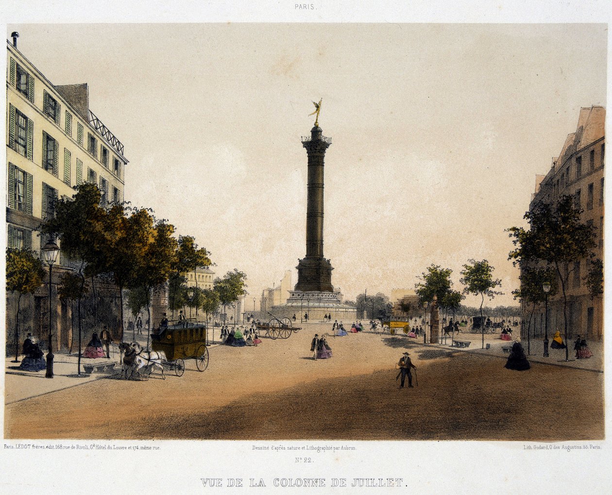 Näkymä heinäkuun pylväästä (Place de la Bastille) Boulevard Beaumarchaisilta - litografia tekijältä Unknown artist