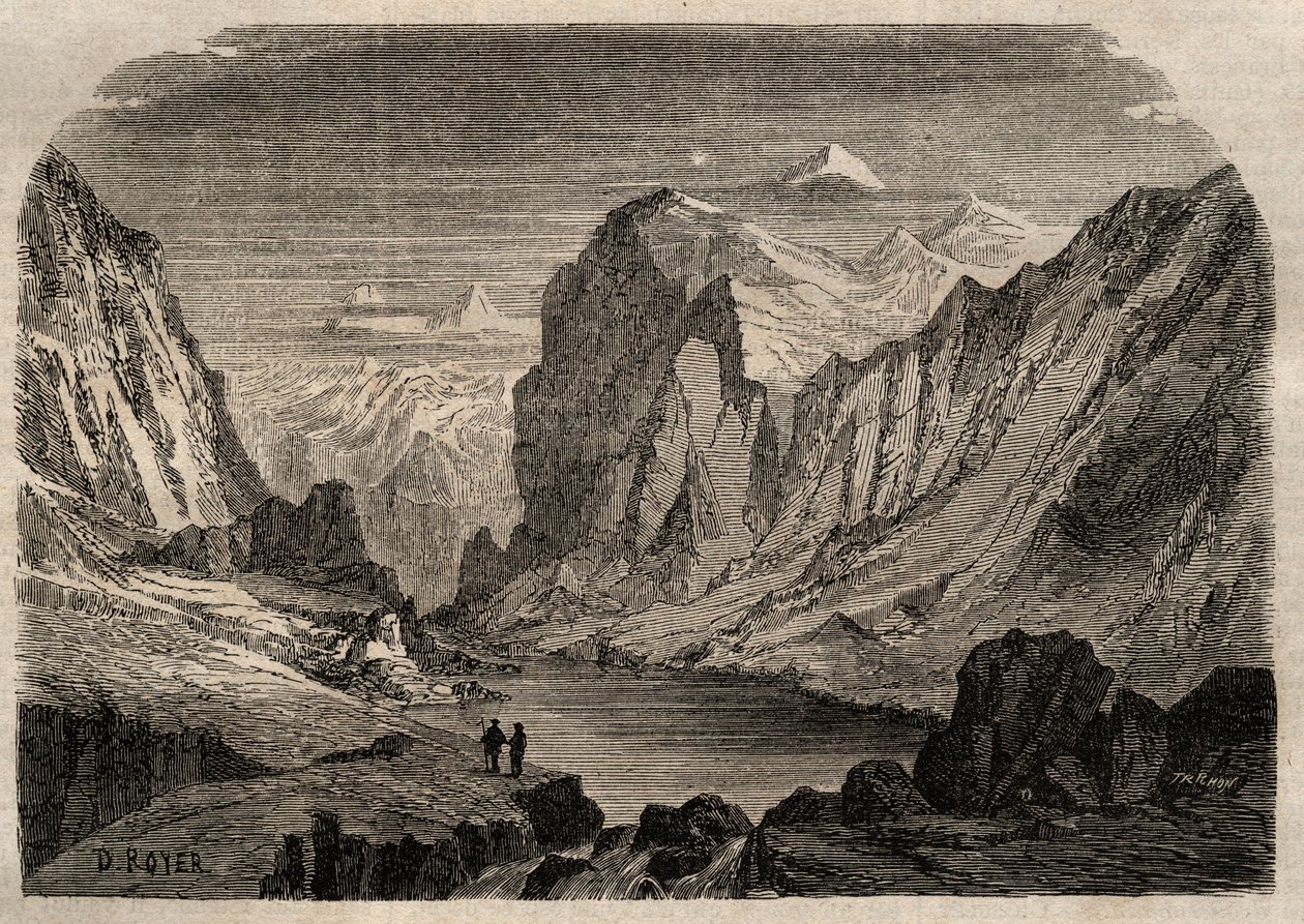 Näkymä Davosin maasta Sveitsissä 1800-luvulla - kaiverrus "" Dictionnaire populaire illustrious" - 1864 - Joseph Decembre ja Edmond Allonier - tekijältä Unknown artist