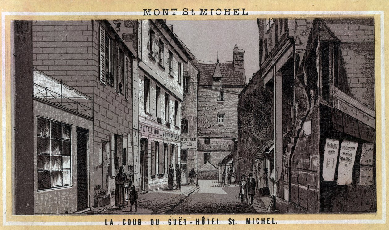 Näkymä Guet-hotellin (Guet-Hotel) sisäpihalle Mont Saint Michelissä, Manchessa, Normandiassa. 1800-luvun lopun kromolitografia. tekijältä Unknown artist