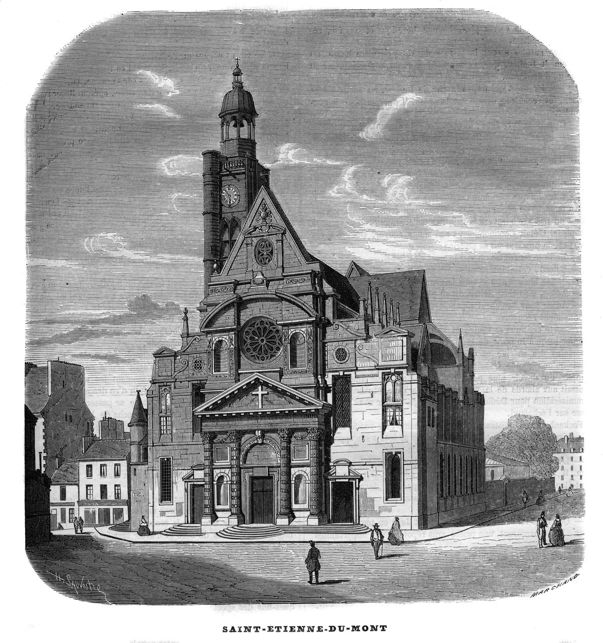 Näkymä Saint-Etienne-du-Mont-kirkon julkisivusta, Place Sainte-Genevieve (Saint Etienne du Mont) Pariisissa 5. kaupunginosassa vuonna 1858. tekijältä Unknown artist