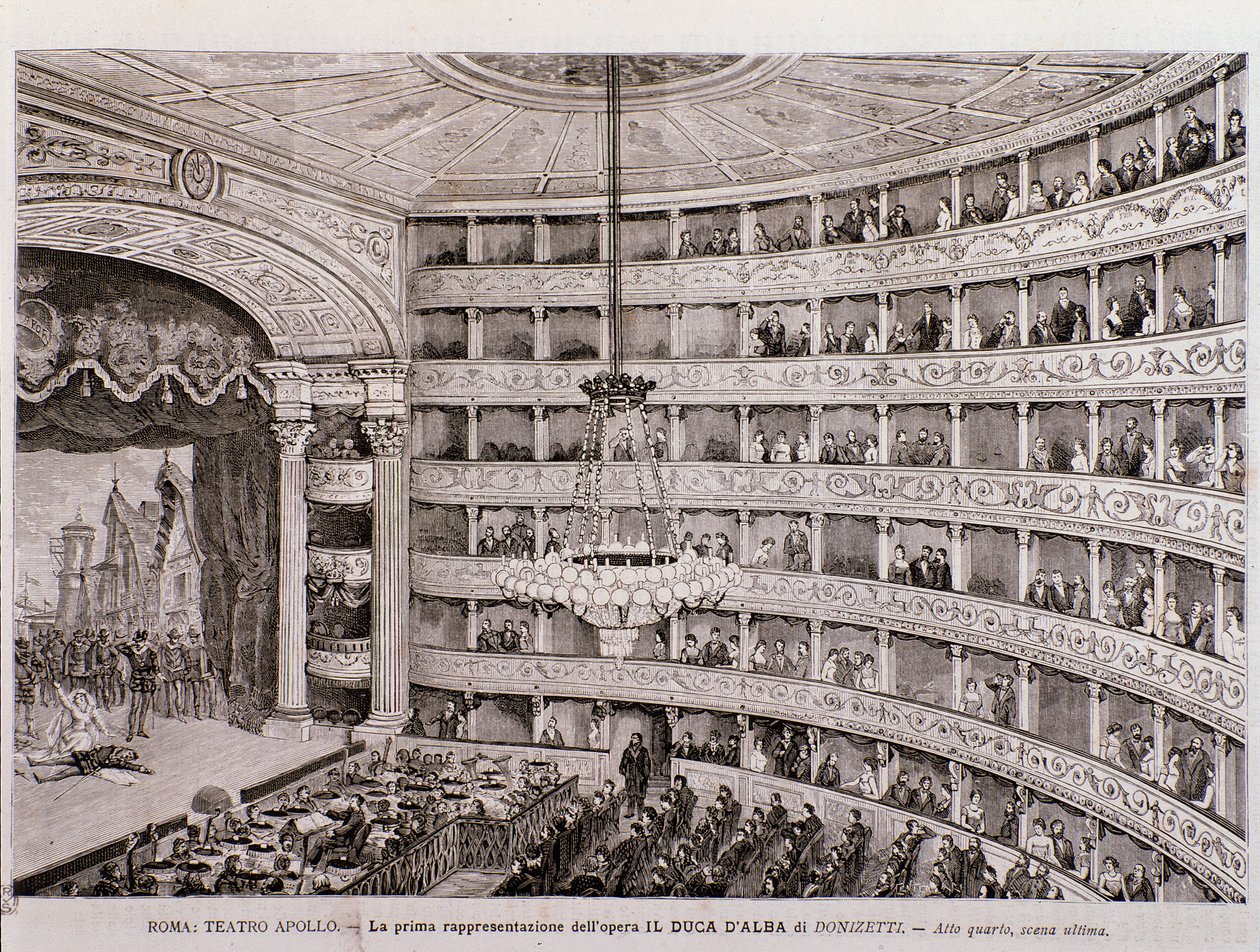 Näkymä oopperan Alban herttua ensiesittelystä Teatro Apollossa, Roomassa tekijältä Unknown artist