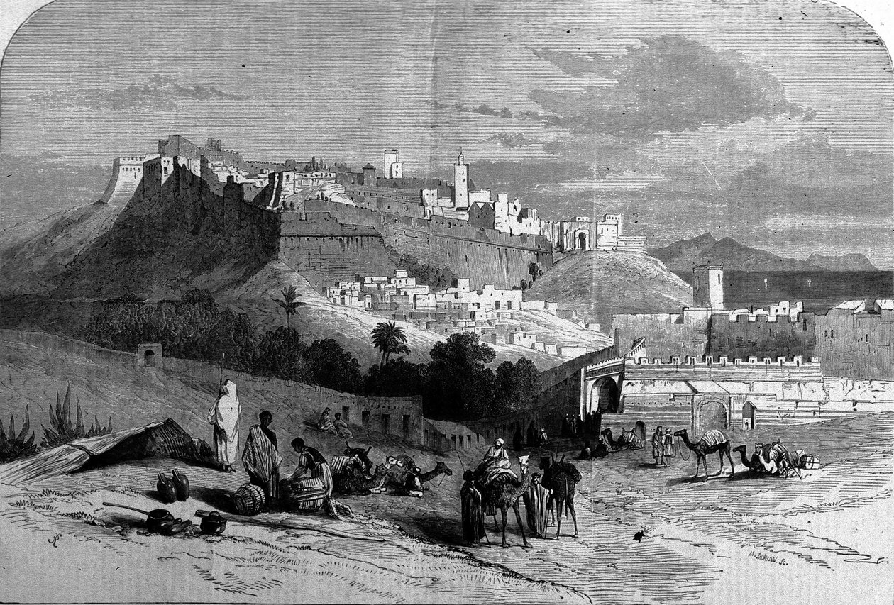 Näkymä Tangerin linnoitettuun kaupunkiin ja Marokon rannikolle. Kaiverrus vuodelta 1868. tekijältä Unknown artist