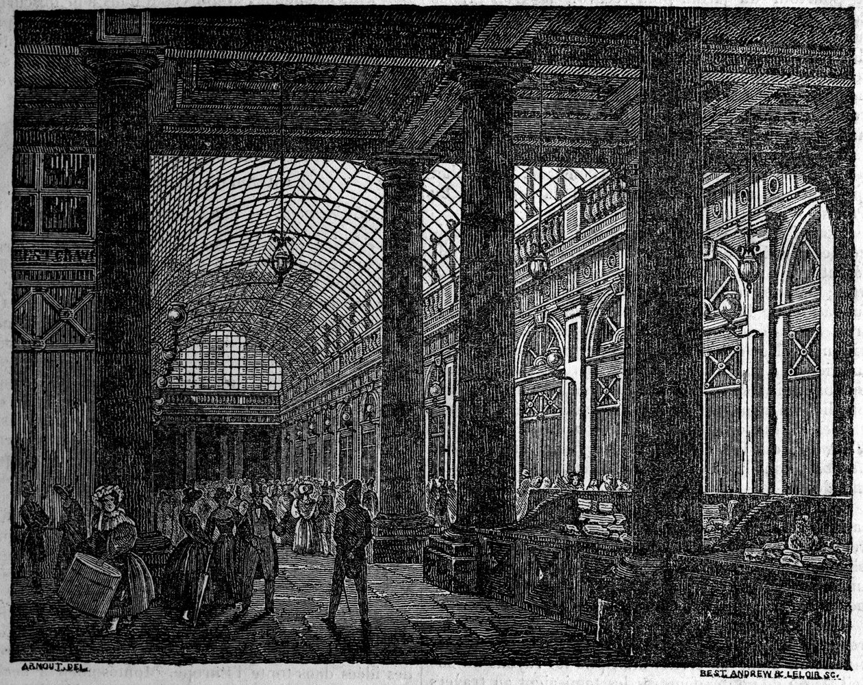 Näkymä Orleansin galleriasta Palais Royal de Parisissa vuonna 1835. tekijältä Unknown artist
