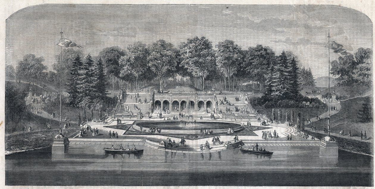Näkymä puutarhaan "" Central Park"" New Yorkissa, Yhdysvalloissa. Frederick Law Olmstedin (1822-1903) ja (1824-1895) arkkitehtuuri Manhattanin alueella. Kaiverrus "Maailmankaikkeudessa" tekijältä Unknown artist