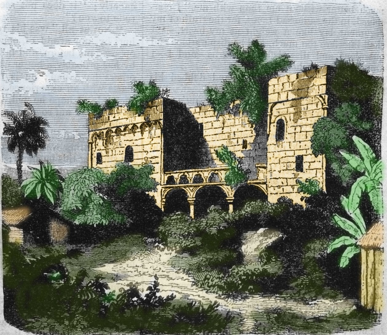 Näkymä talosta "" Alcazar de Colón", jonka Christopher Columbus rakensi pojalleen Diego Columbukselle (Diego Colon y Moniz) (1480-1526), Santo Domingon saarella. Kaiverrus 1800-luvulta. tekijältä Unknown artist