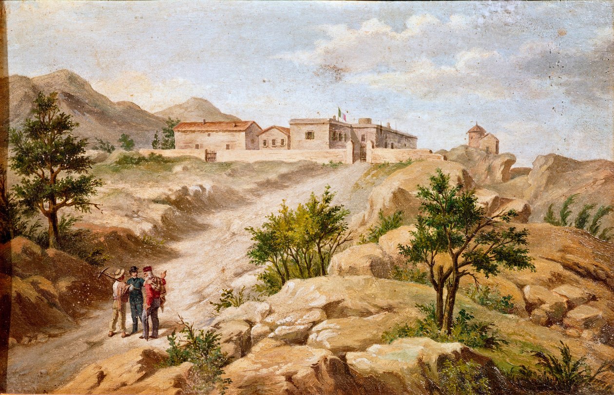 Näkymä Italian patriootin ja Risorgimento Giuseppe Garibaldin (1807-1882) sankareiden talosta a Caprera (Sardinia) Garibaldi on kahden talonpojan kanssa kuvan vasemmalla puolella. Nimetön maalaus 1800-luvun Rooman Museo del Risorgimentosta tekijältä Unknown artist