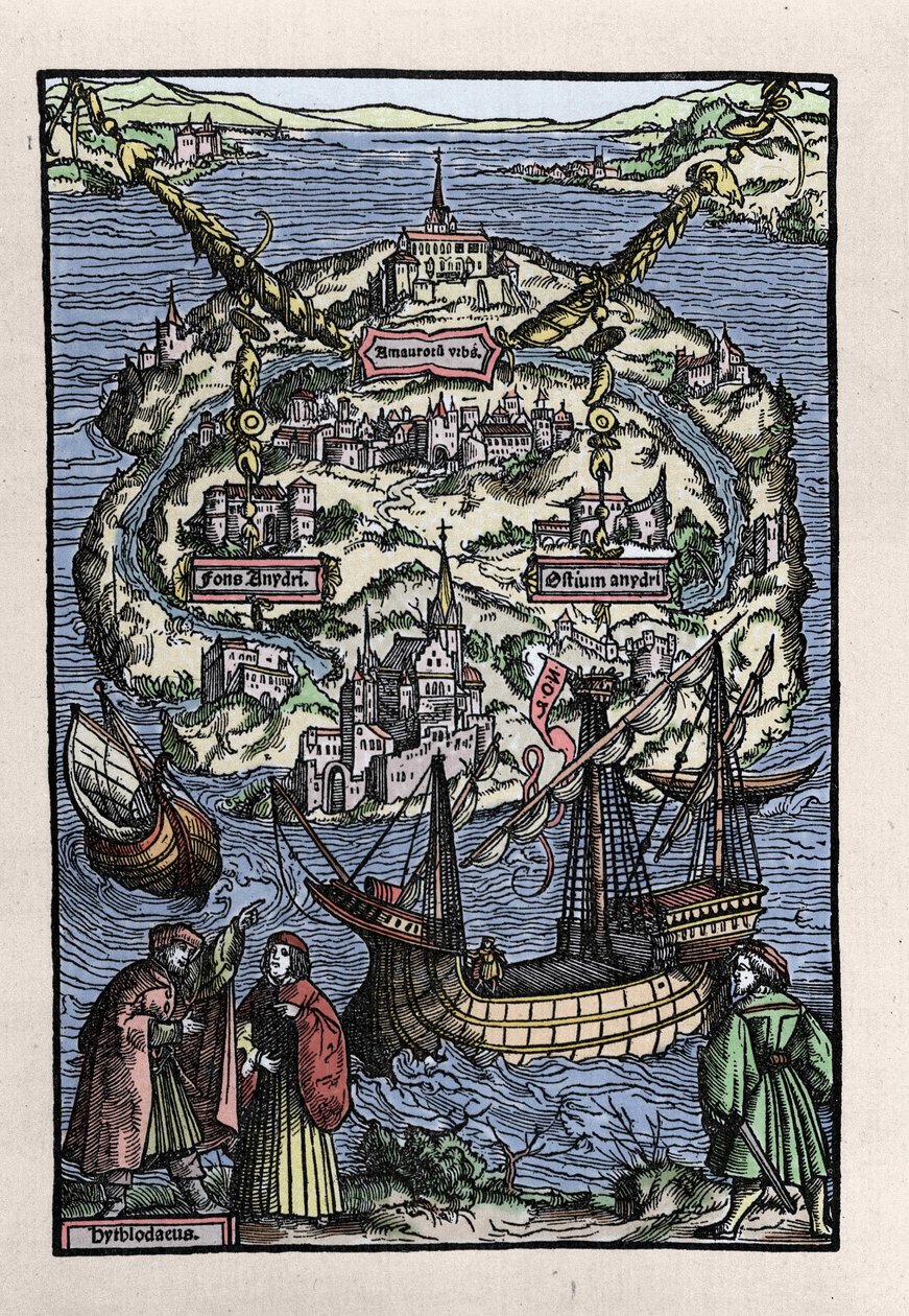 Näkymä Utopian saarelle (Utopia) Thomas Moren (1478-1535) kirjasta, "" Utopian hiljattain eristävän tasavallan optimaalinen tila". Kaiverrus Johann Froben. 1518. tekijältä Unknown artist