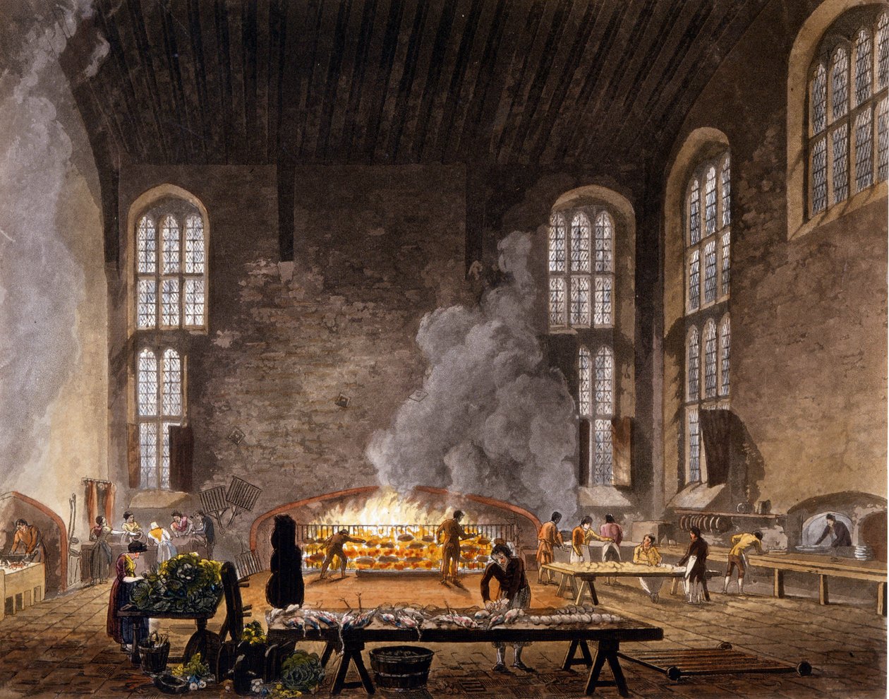 Näkymä Oxfordin yliopiston Christ Churchin keittiöistä. 1850 tekijältä Unknown artist