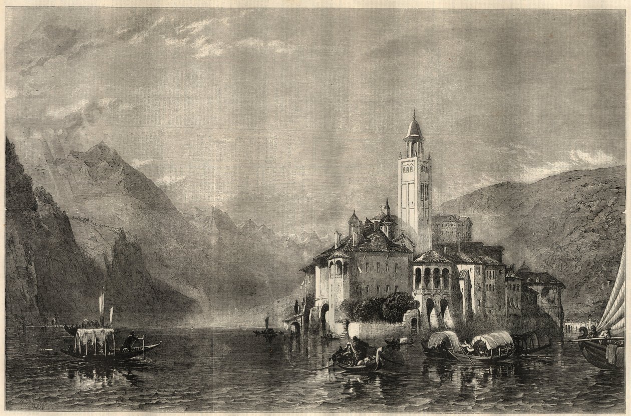 Näkymä Mater Ecclesiaen luostarista Saint Julesin (Saint Jules) saarella (San Giulio) Orta-järvellä (Cusiojärvi) Italiassa. Kaiverrus William Collingwood Smithin (1815-1887) maalauksen jälkeen. "The Illustrated London News" -lehdessä 22. maaliskuuta tekijältä Unknown artist