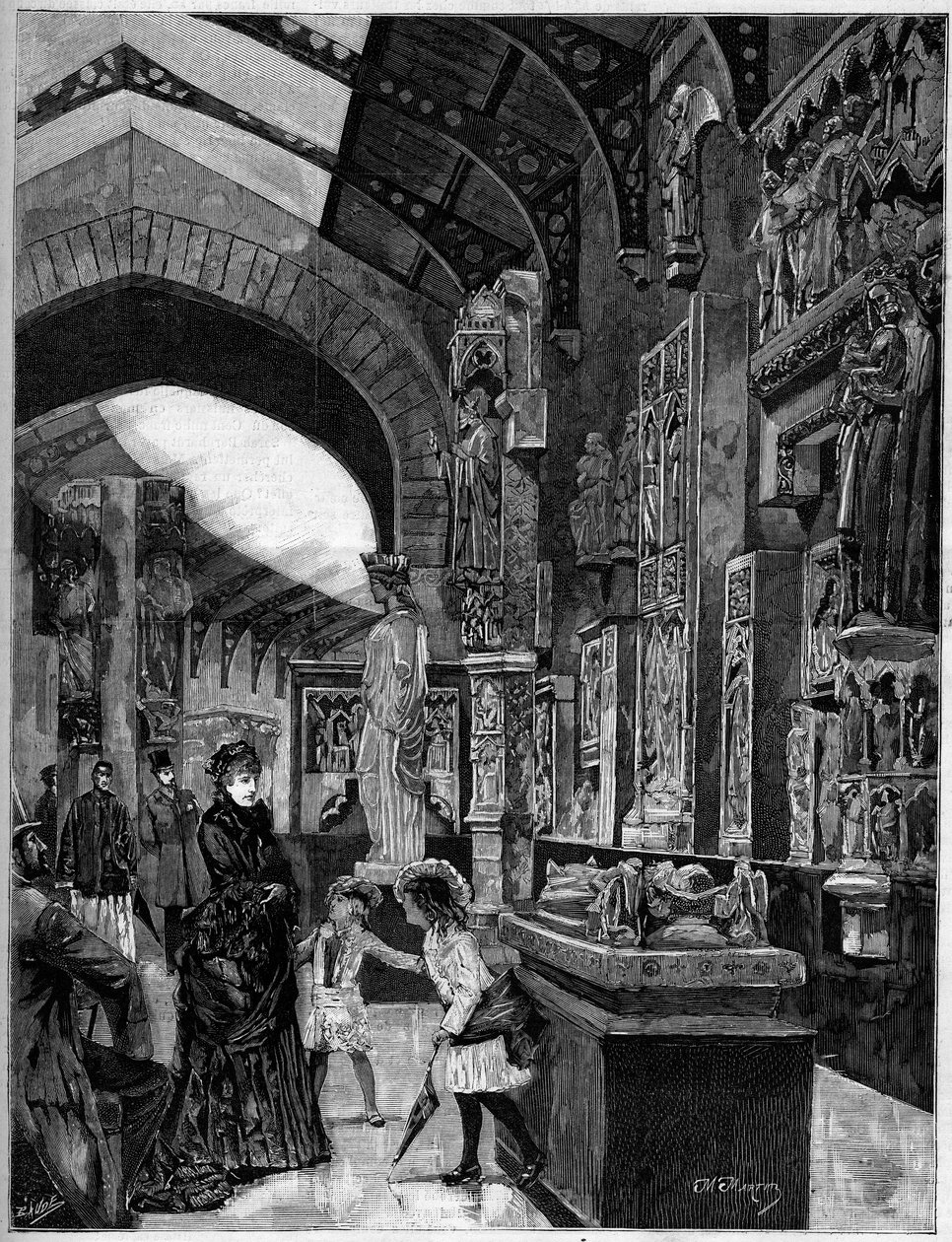 Näkymä tietokonearkkitehtuurin museosta Palais du Trocaderossa Pariisissa vuonna 1882. Kaiverrus "" The Illustrious World"" n°1314, 3. kesäkuuta tekijältä Unknown artist